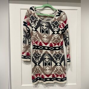 Cherish Geometric Long Sleeve Dress in Black, Red, and Cream